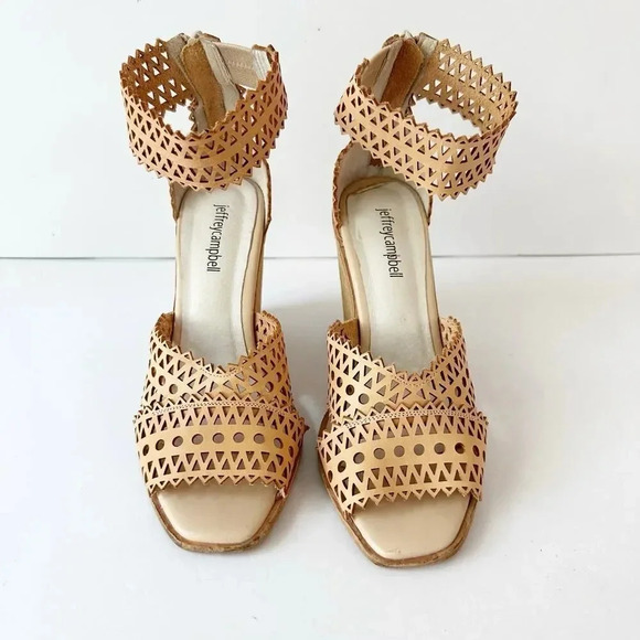 JEFFREY CAMPBELL Size 8‎ Square Toe Tan Cream Perforated Laser Cut Wedge Sandals - Picture 7 of 7
